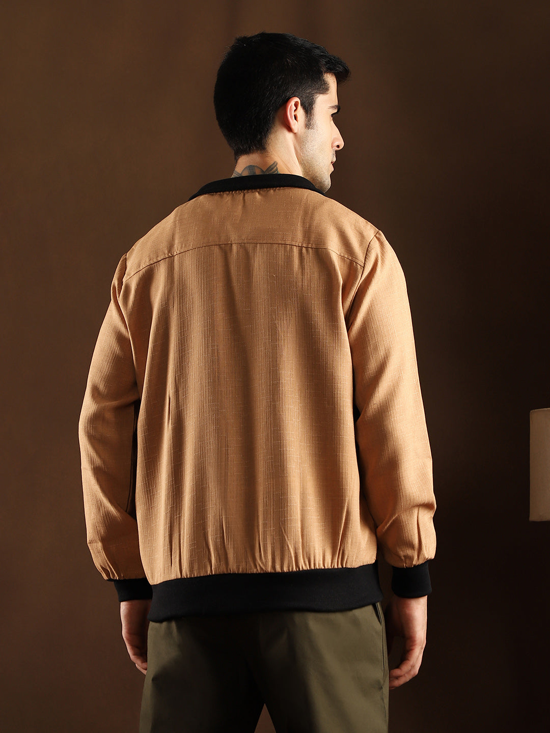Men Khaki Beige Tactile-Utility Bomber Jacket