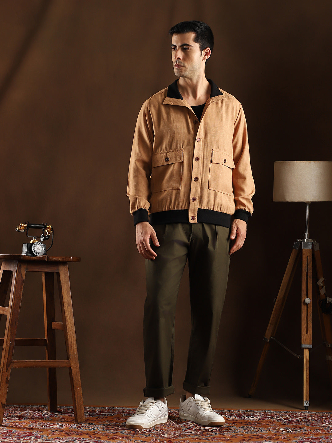 Men Khaki Beige Tactile-Utility Bomber Jacket