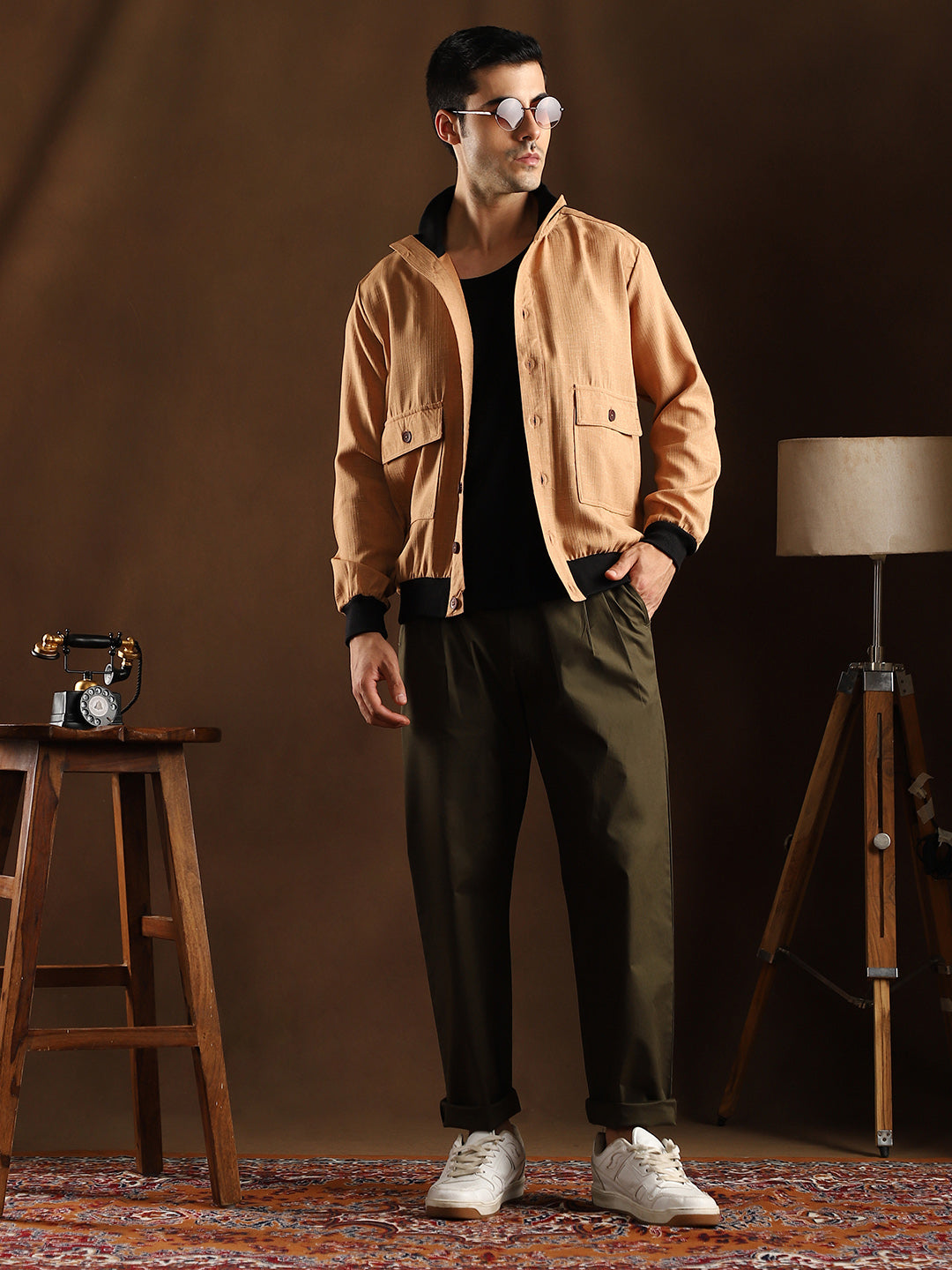 Men Khaki Beige Tactile-Utility Bomber Jacket