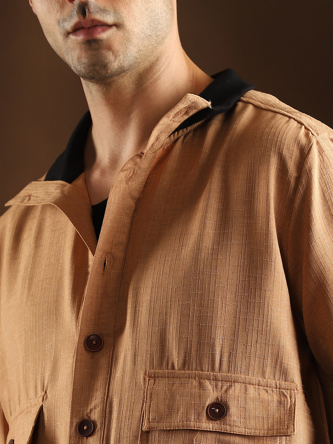 Men Khaki Beige Tactile-Utility Bomber Jacket