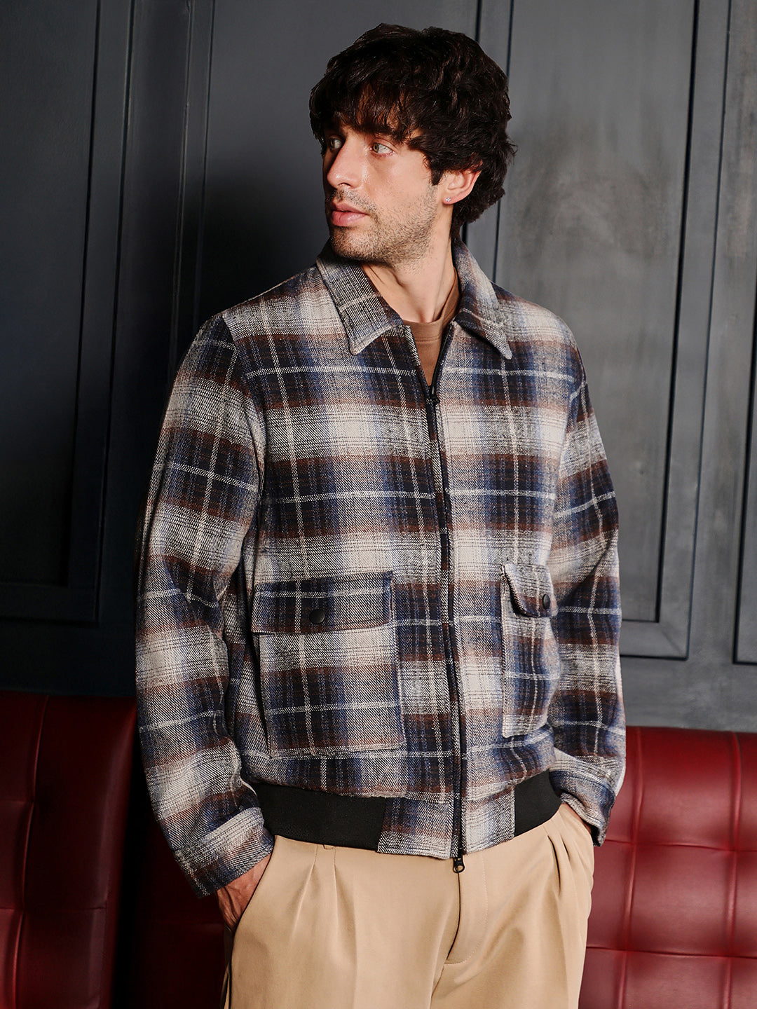 Men Navy Blue Zip-Front Plaid Jacket