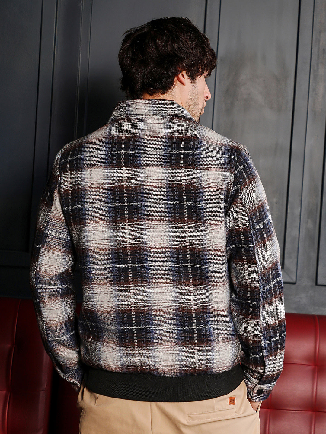 Men Navy Blue Zip-Front Plaid Jacket