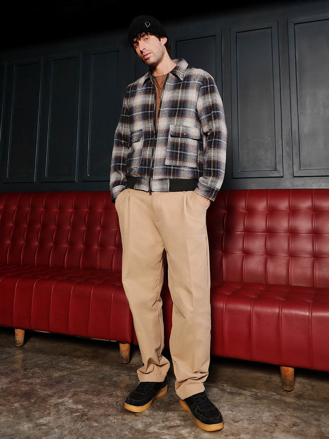 Men Navy Blue Zip-Front Plaid Jacket