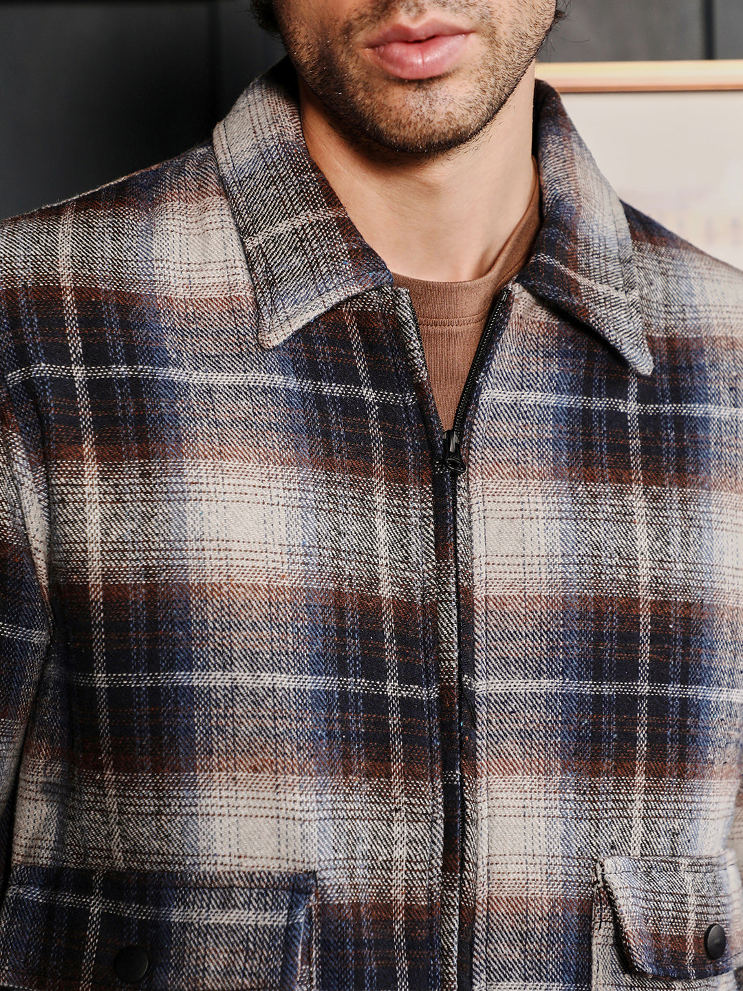 Men Navy Blue Zip-Front Plaid Jacket
