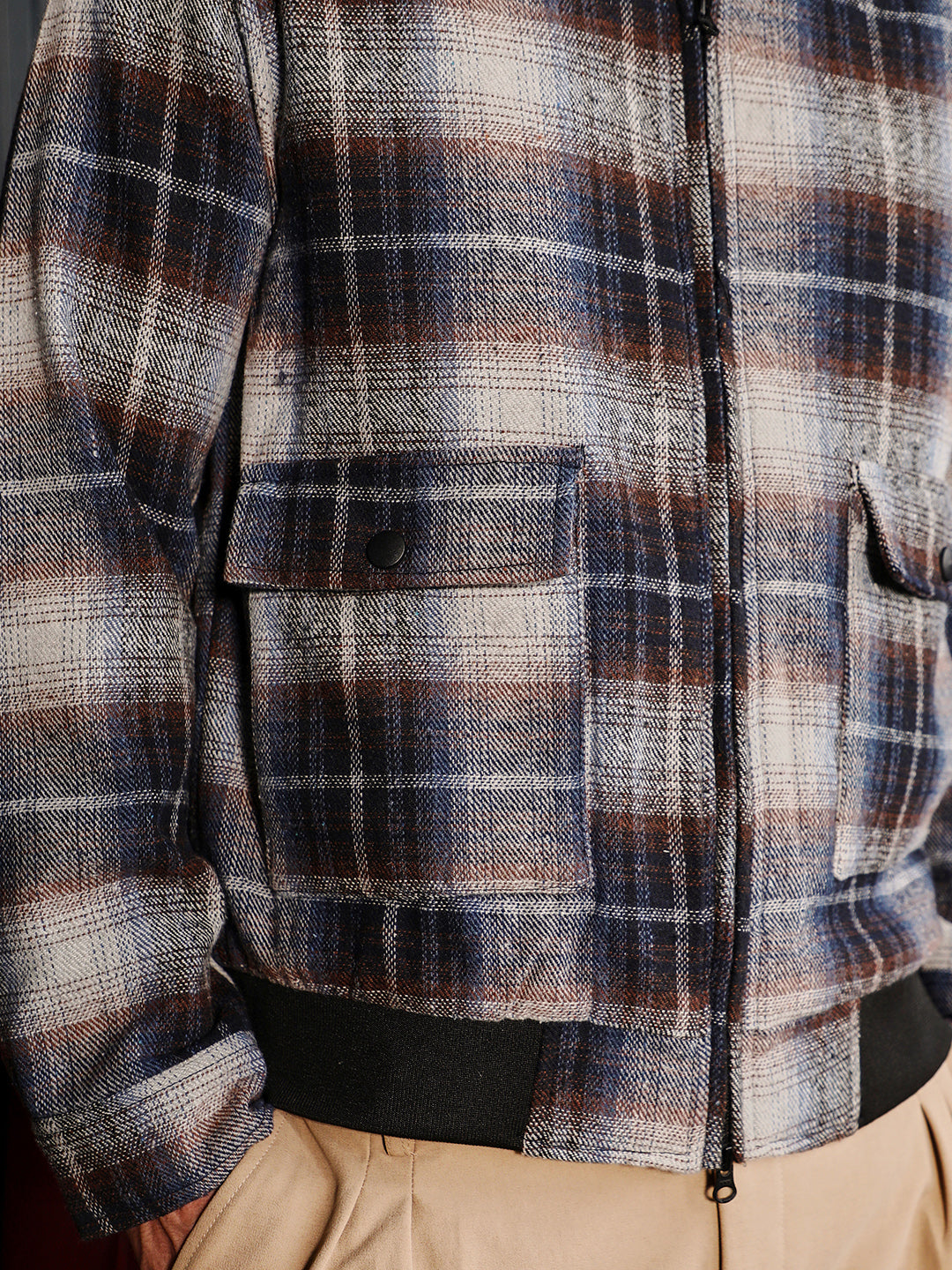 Men Navy Blue Zip-Front Plaid Jacket