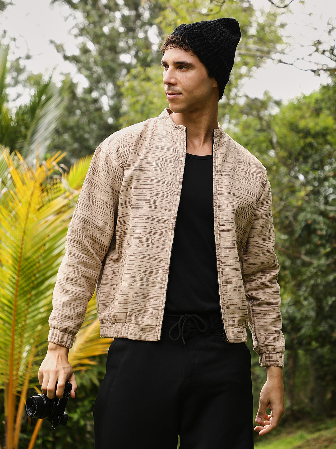 Men Sand Beige Lined-Jacquard Bomber Jacket