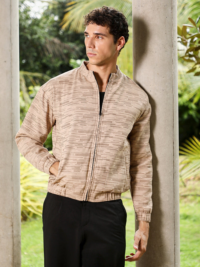 Men Sand Beige Lined-Jacquard Bomber Jacket