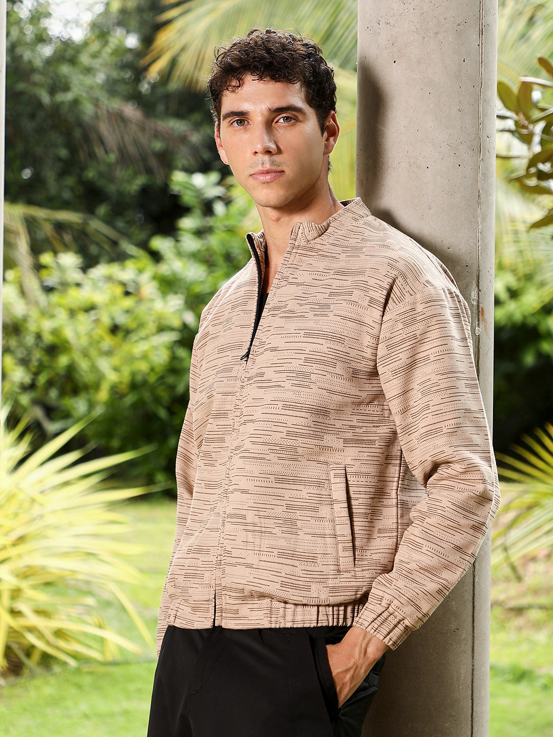 Men Sand Beige Lined-Jacquard Bomber Jacket