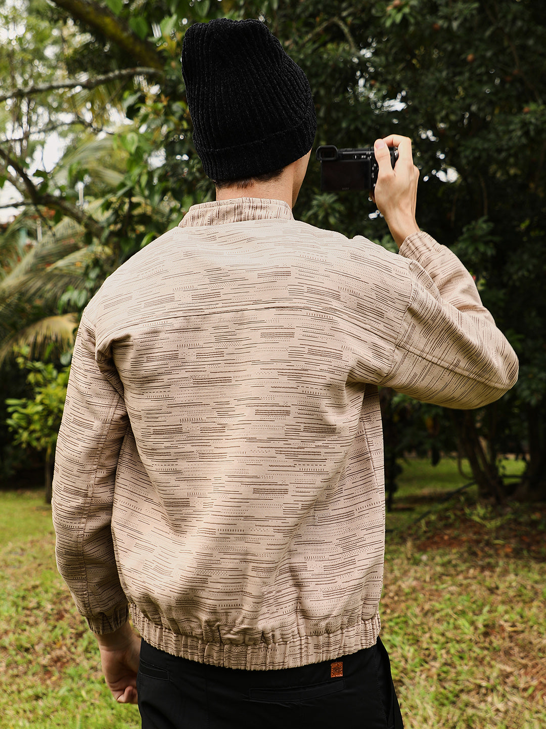 Men Sand Beige Lined-Jacquard Bomber Jacket