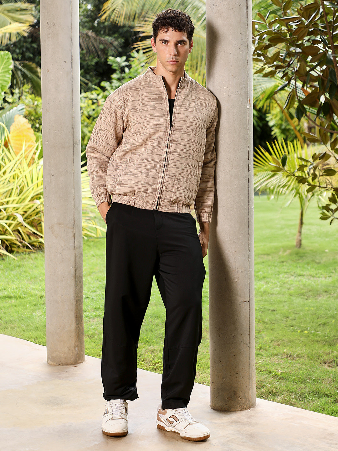 Men Sand Beige Lined-Jacquard Bomber Jacket