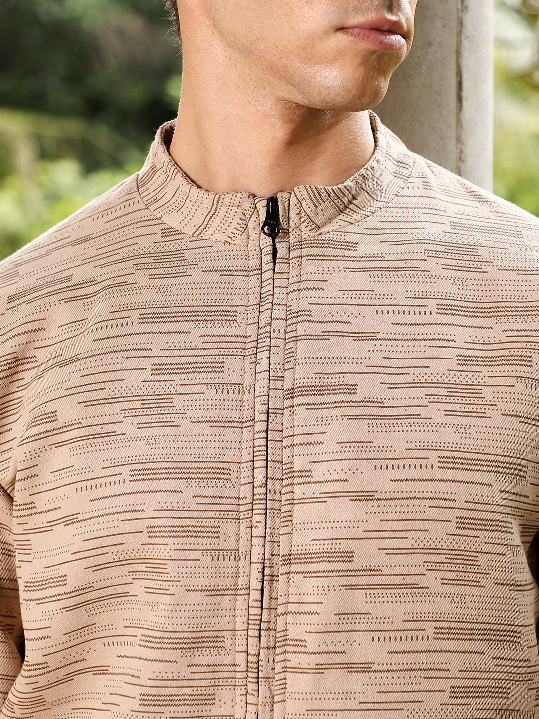 Men Sand Beige Lined-Jacquard Bomber Jacket