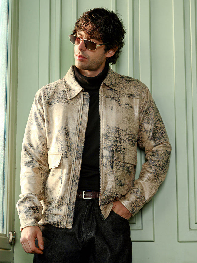 Men Bisque Beige Reptilia-Jacquard Zip-Front Jacket