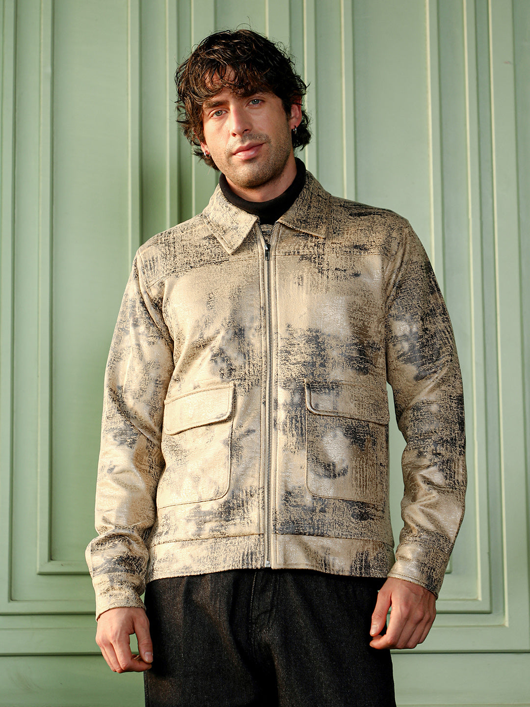 Men Bisque Beige Reptilia-Jacquard Zip-Front Jacket