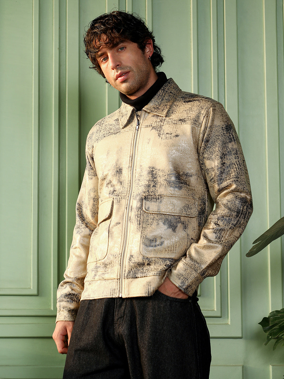 Men Bisque Beige Reptilia-Jacquard Zip-Front Jacket