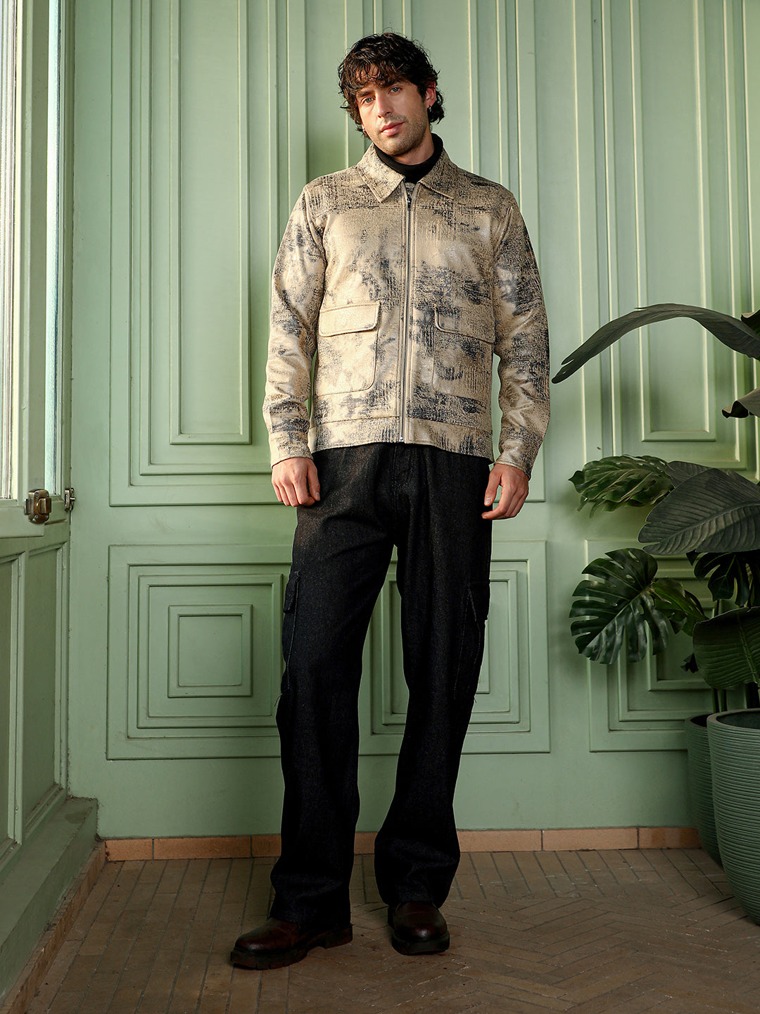 Men Bisque Beige Reptilia-Jacquard Zip-Front Jacket