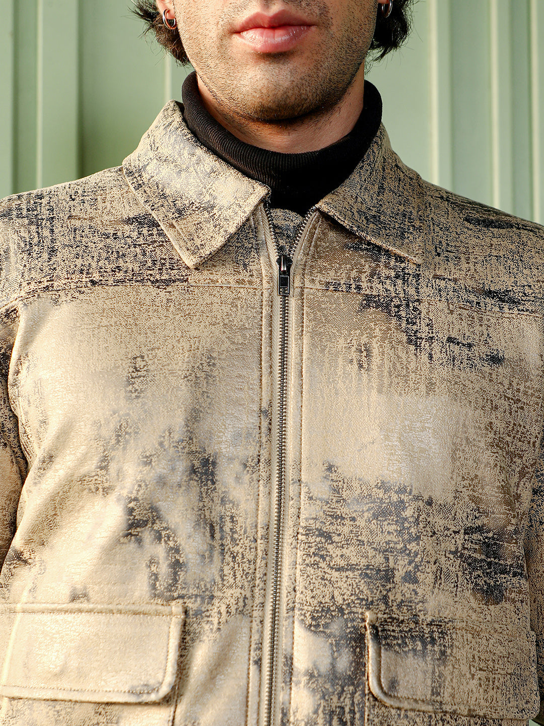 Men Bisque Beige Reptilia-Jacquard Zip-Front Jacket