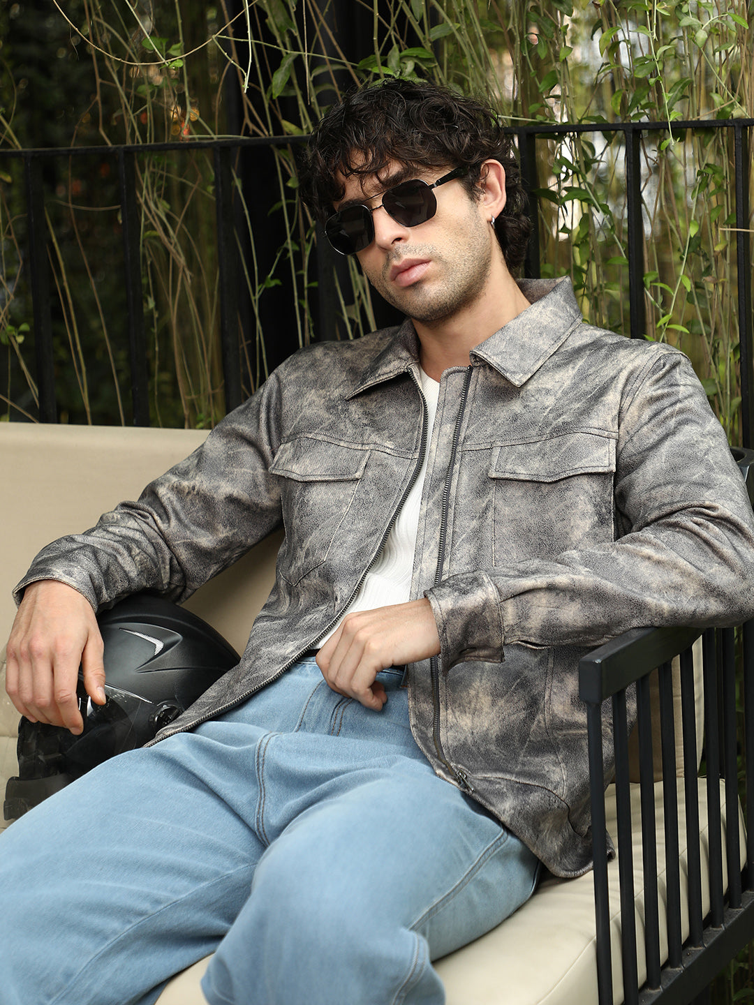 Men Charcoal Grey Dye Utility-Twill Bomber Jacket