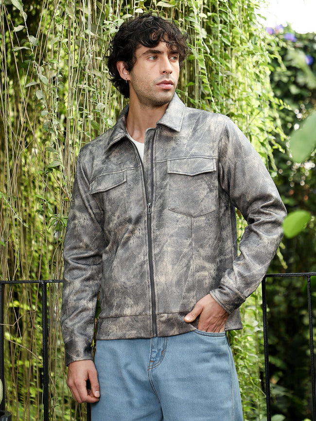 Men Charcoal Grey Dye Utility-Twill Bomber Jacket