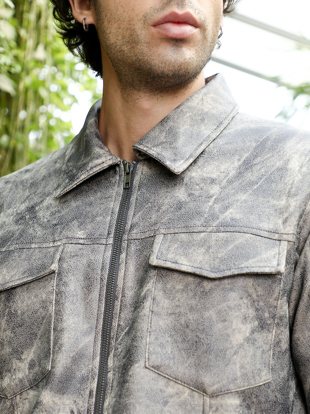 Men Charcoal Grey Dye Utility-Twill Bomber Jacket