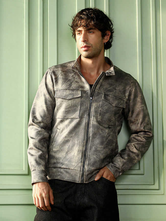 Men Charcoal Grey Dye Utility-Twill Rider Jacket