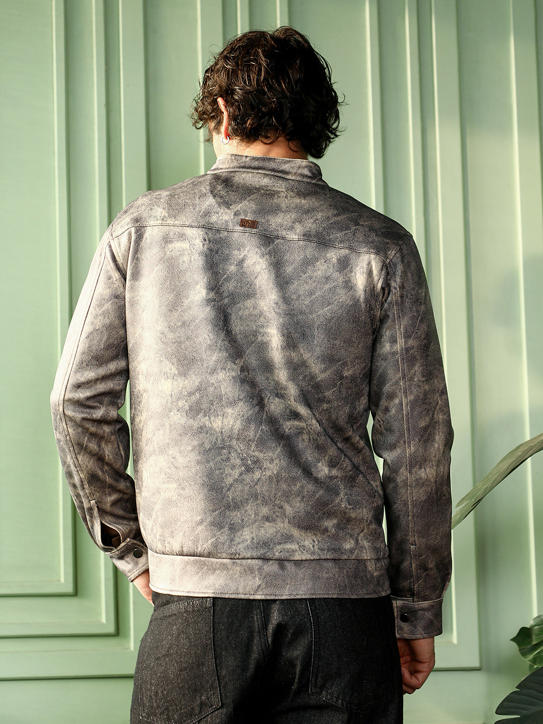 Men Charcoal Grey Dye Utility-Twill Rider Jacket