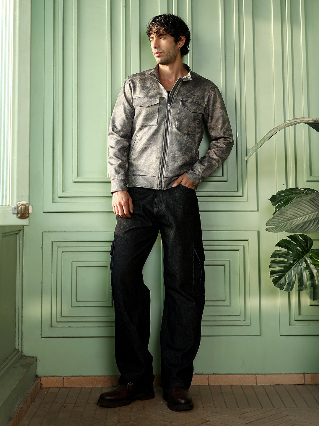 Men Charcoal Grey Dye Utility-Twill Rider Jacket