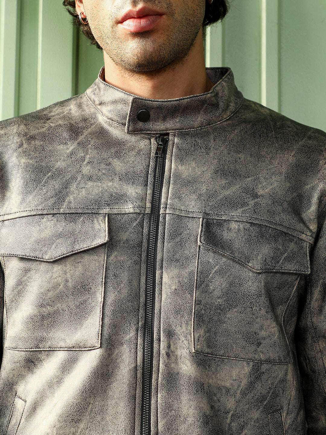 Men Charcoal Grey Dye Utility-Twill Rider Jacket