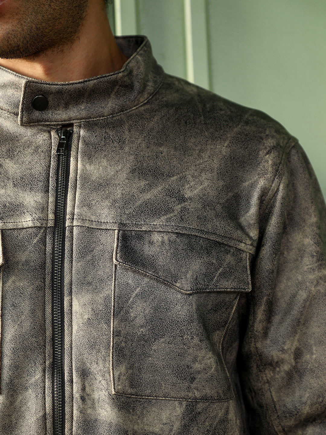 Men Charcoal Grey Dye Utility-Twill Rider Jacket