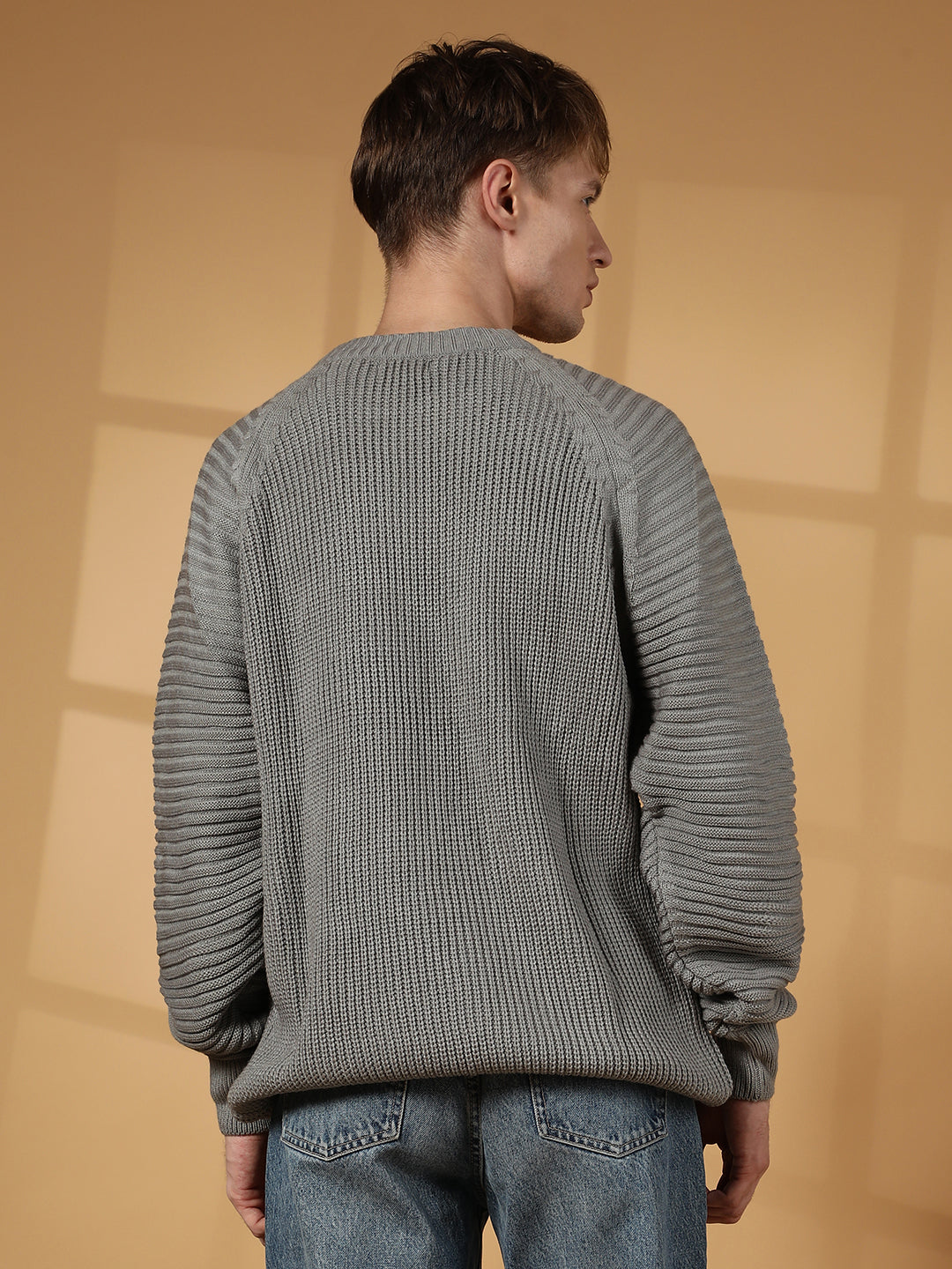 Men Sage Green Self-Raglan Knit Pullover Sweater