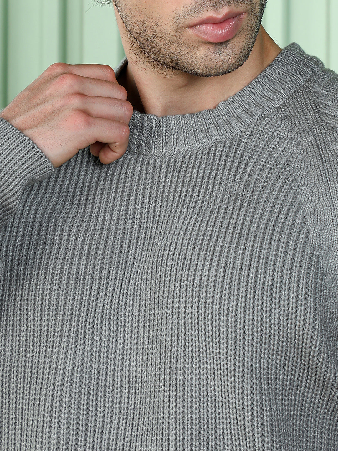 Men Sage Green Self-Raglan Knit Pullover Sweater