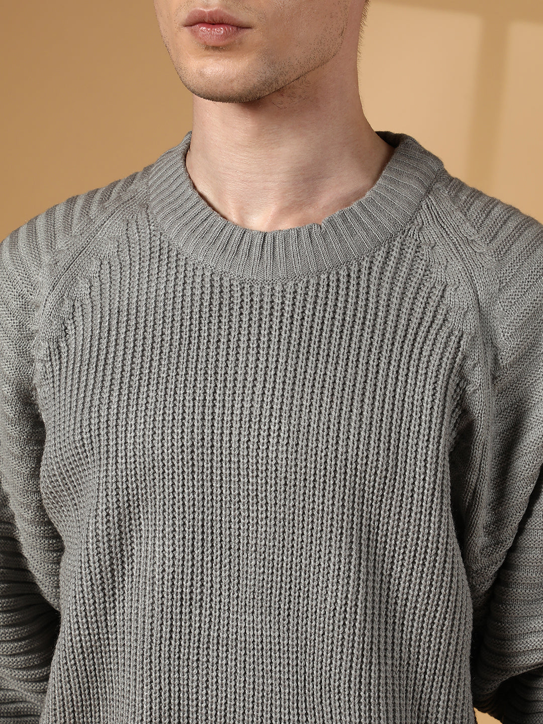 Men Sage Green Self-Raglan Knit Pullover Sweater