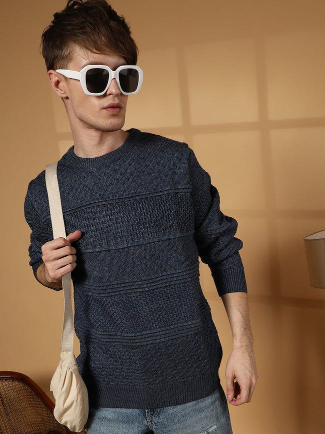 Men Prussian Blue Textured-Knit Pullover Sweater