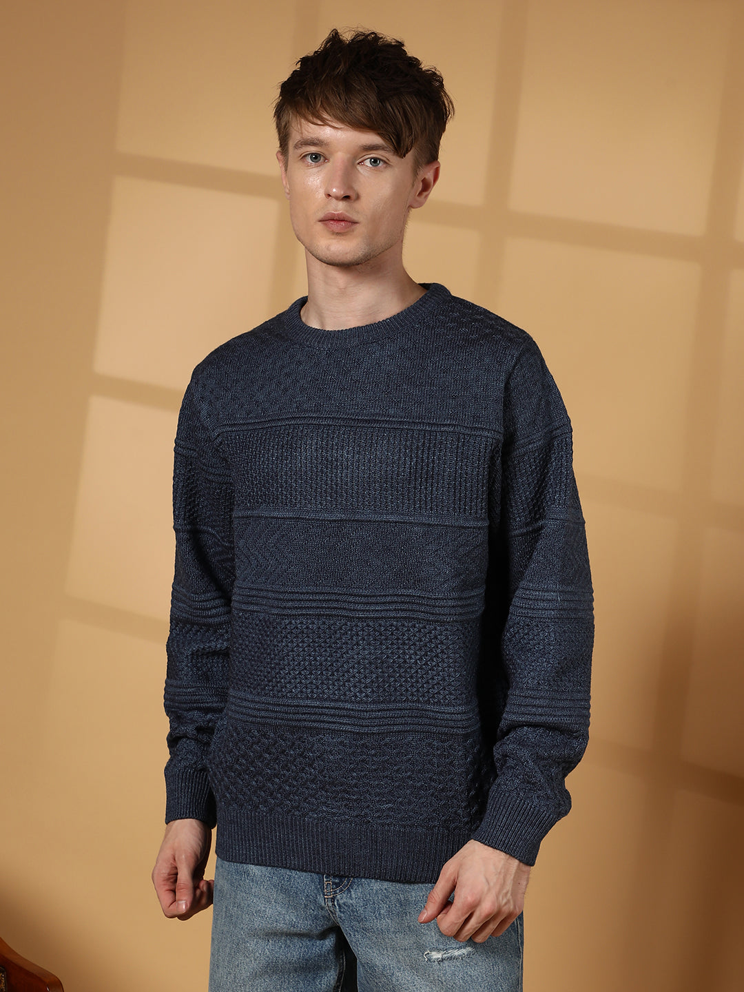Men Prussian Blue Textured-Knit Pullover Sweater
