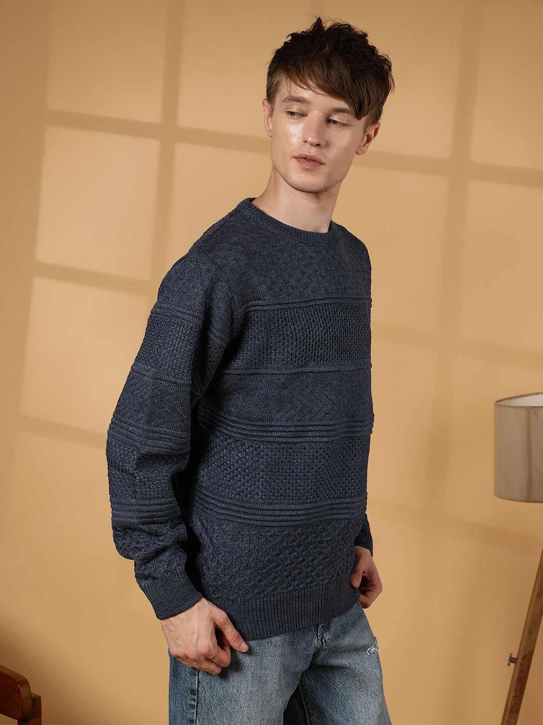 Men Prussian Blue Textured-Knit Pullover Sweater