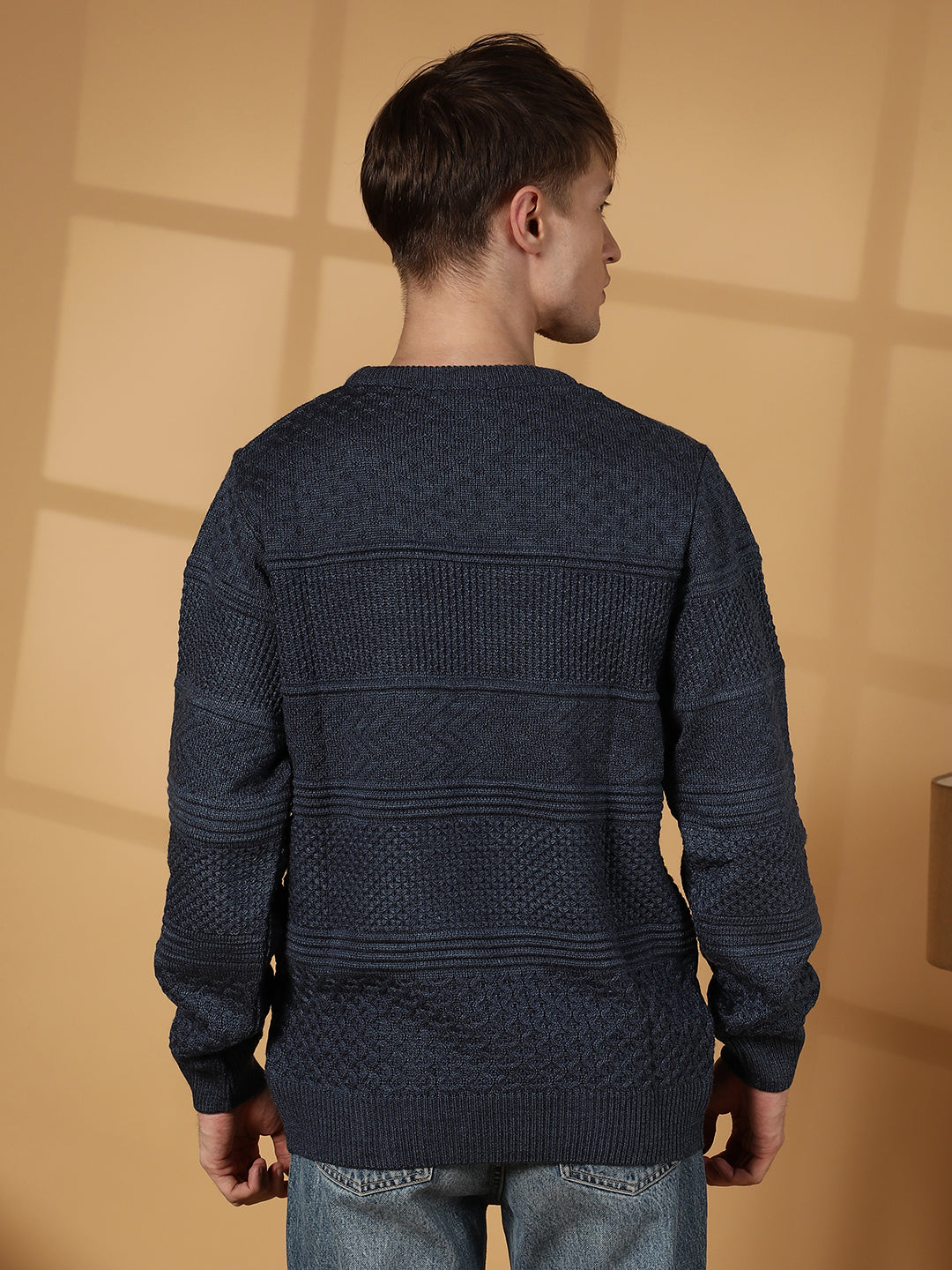 Men Prussian Blue Textured-Knit Pullover Sweater