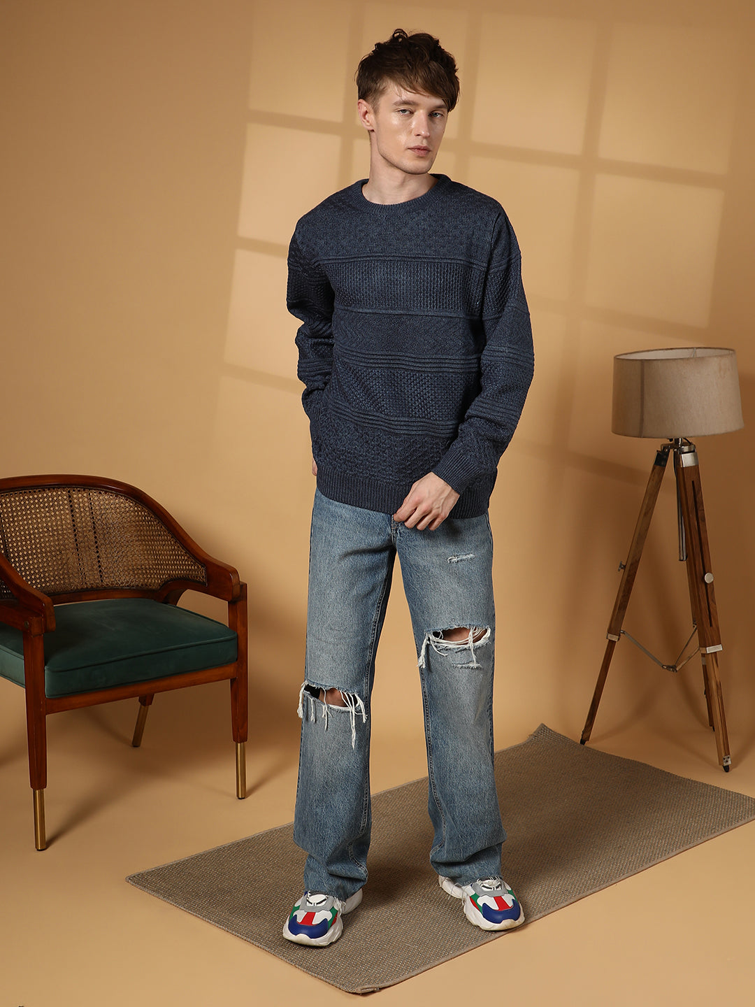 Men Prussian Blue Textured-Knit Pullover Sweater