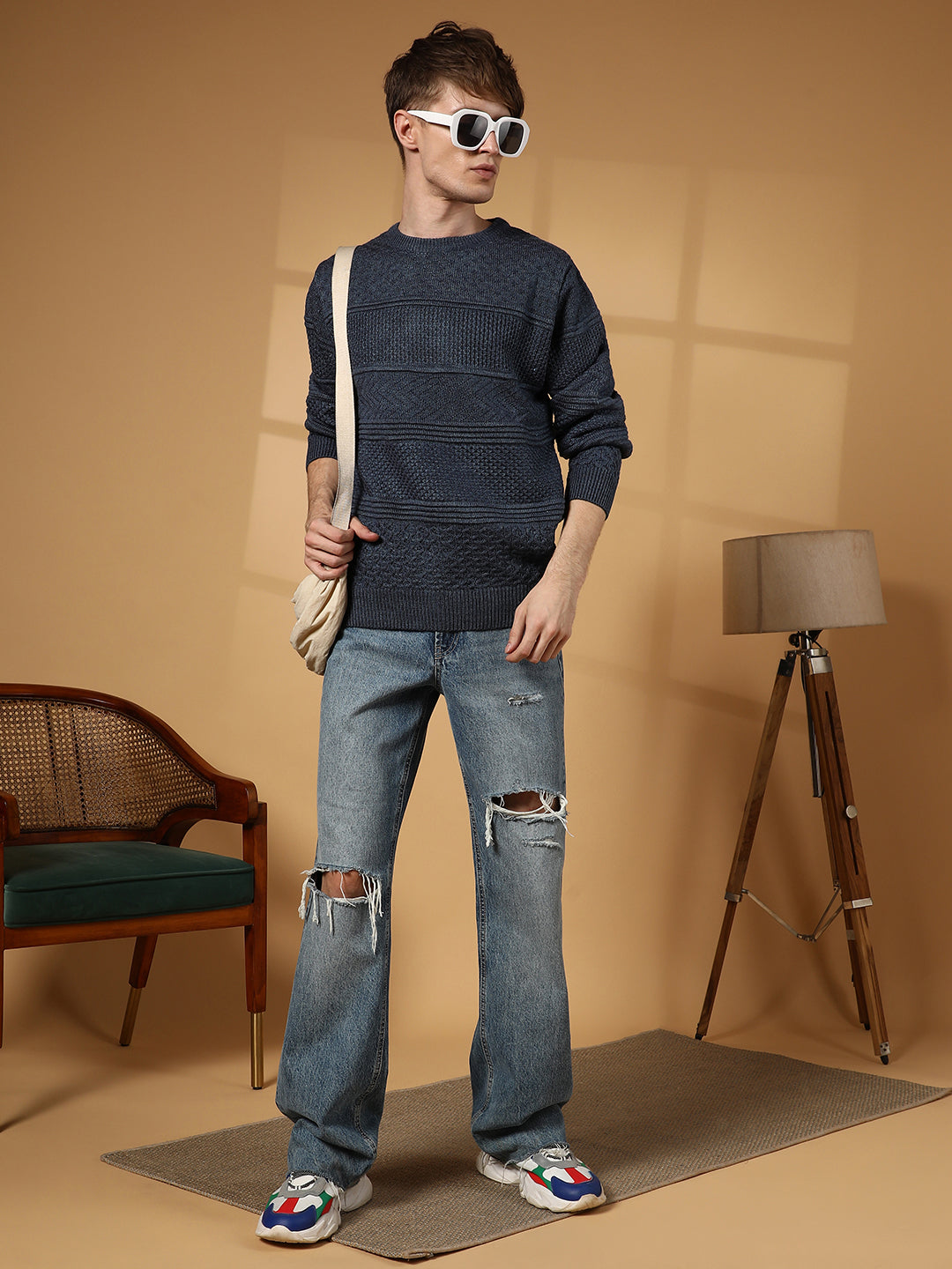 Men Prussian Blue Textured-Knit Pullover Sweater