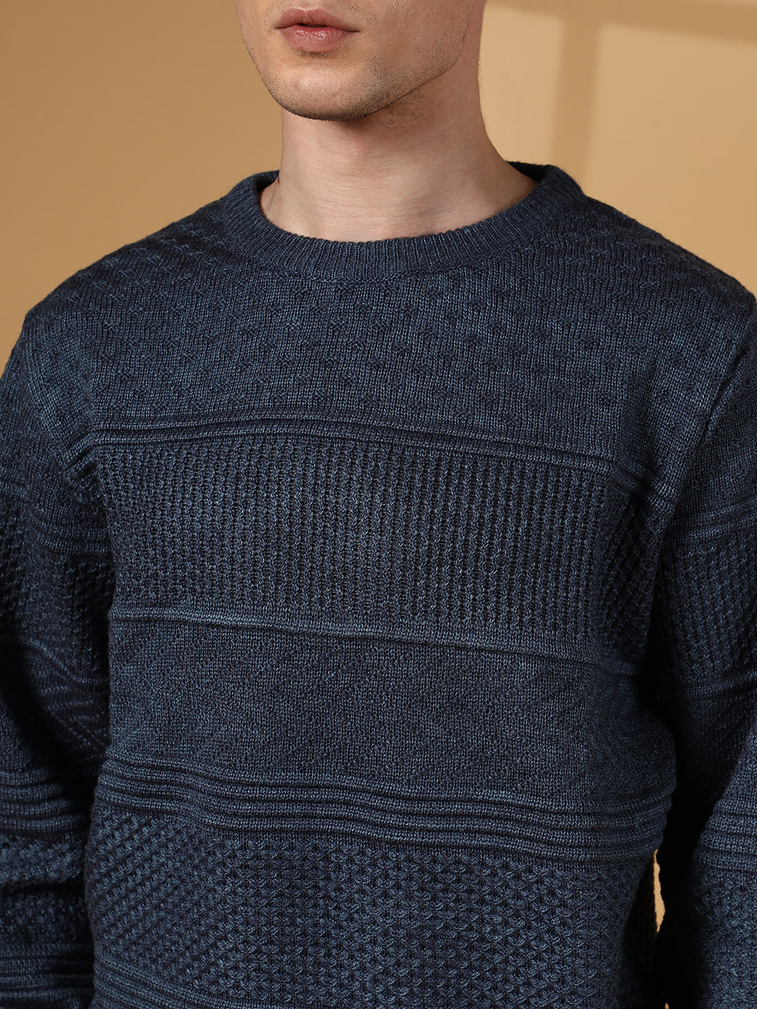 Men Prussian Blue Textured-Knit Pullover Sweater