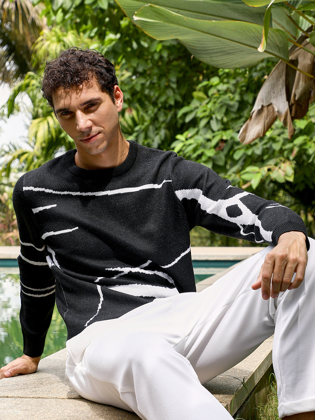 Men Obsidian Black Mono-Abstract Pullover Sweater