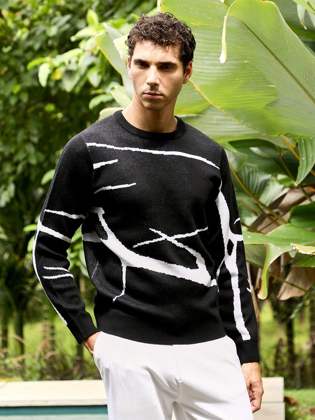 Men Obsidian Black Mono-Abstract Pullover Sweater