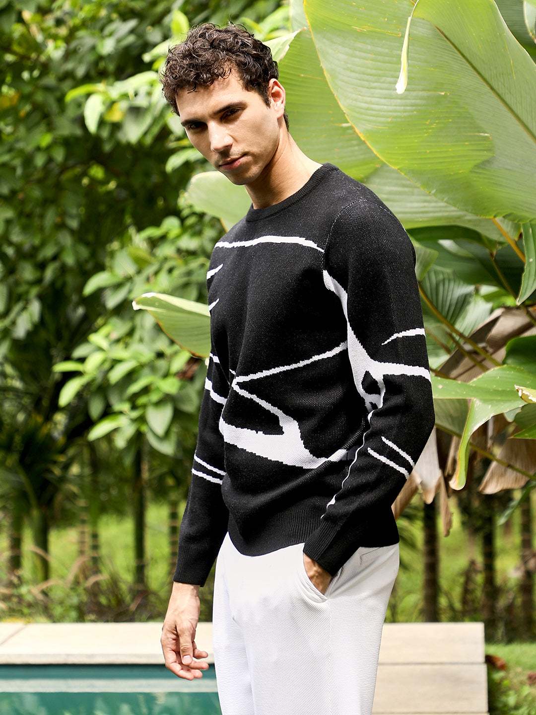 Men Obsidian Black Mono-Abstract Pullover Sweater