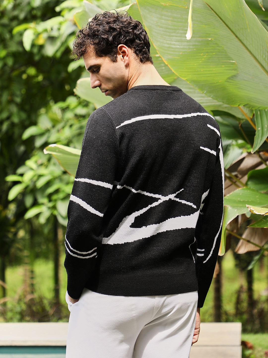 Men Obsidian Black Mono-Abstract Pullover Sweater