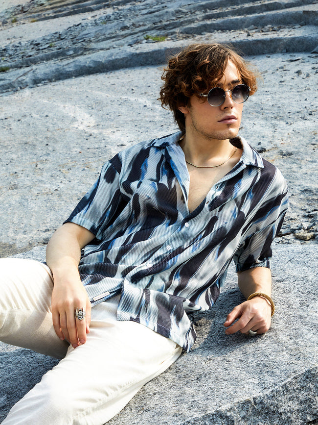 Men Navy Blue Strokes Mesh Oversized Shirt
