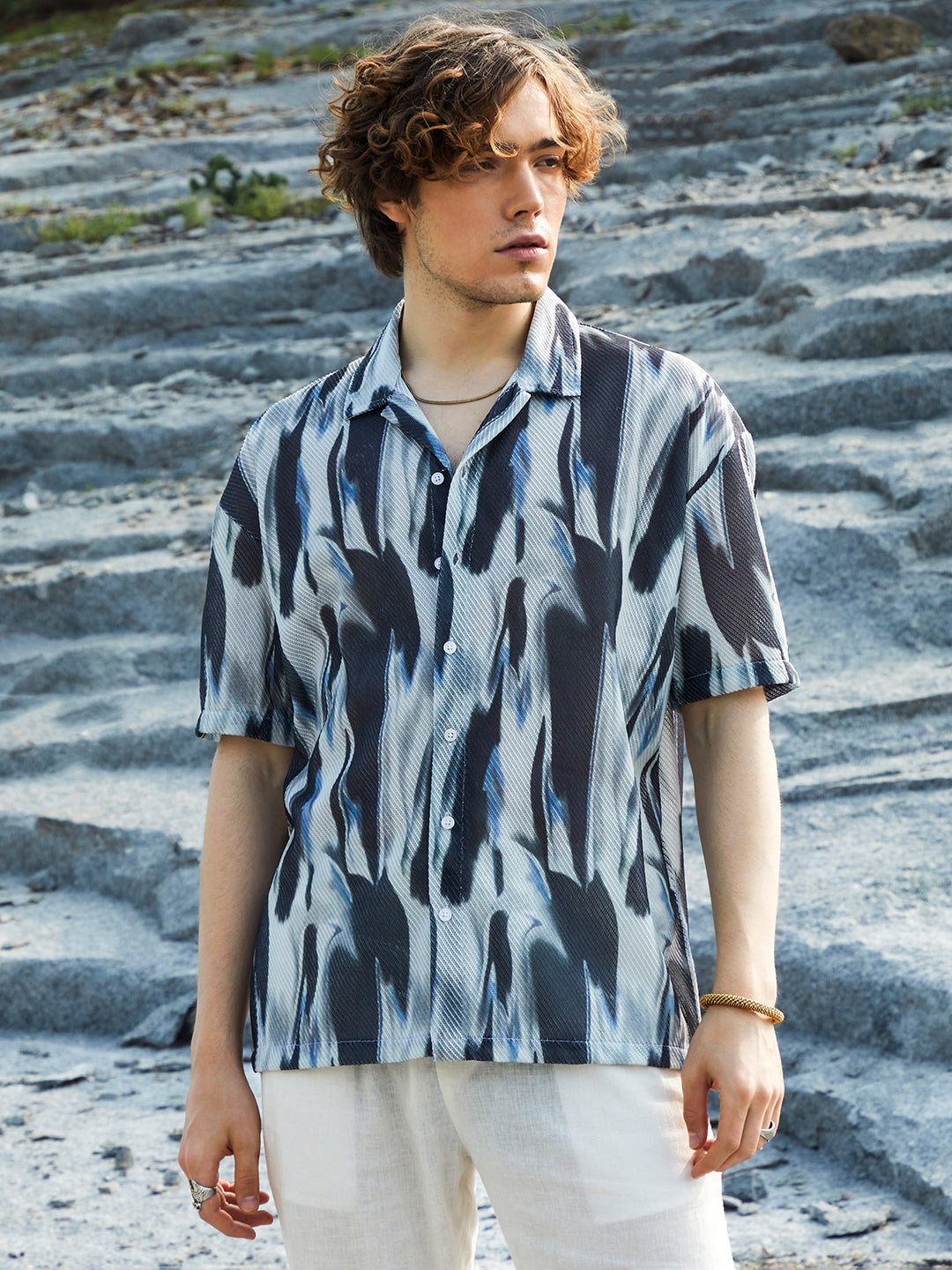 Men Navy Blue Strokes Mesh Oversized Shirt