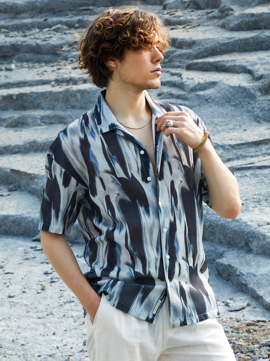 Men Navy Blue Strokes Mesh Oversized Shirt