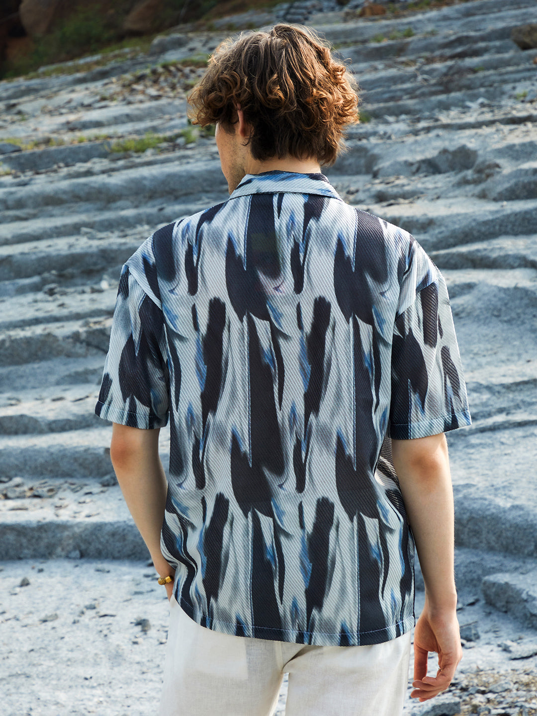 Men Navy Blue Strokes Mesh Oversized Shirt