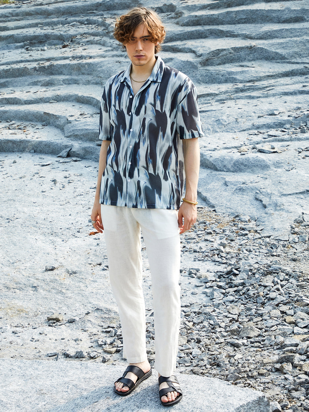 Men Navy Blue Strokes Mesh Oversized Shirt
