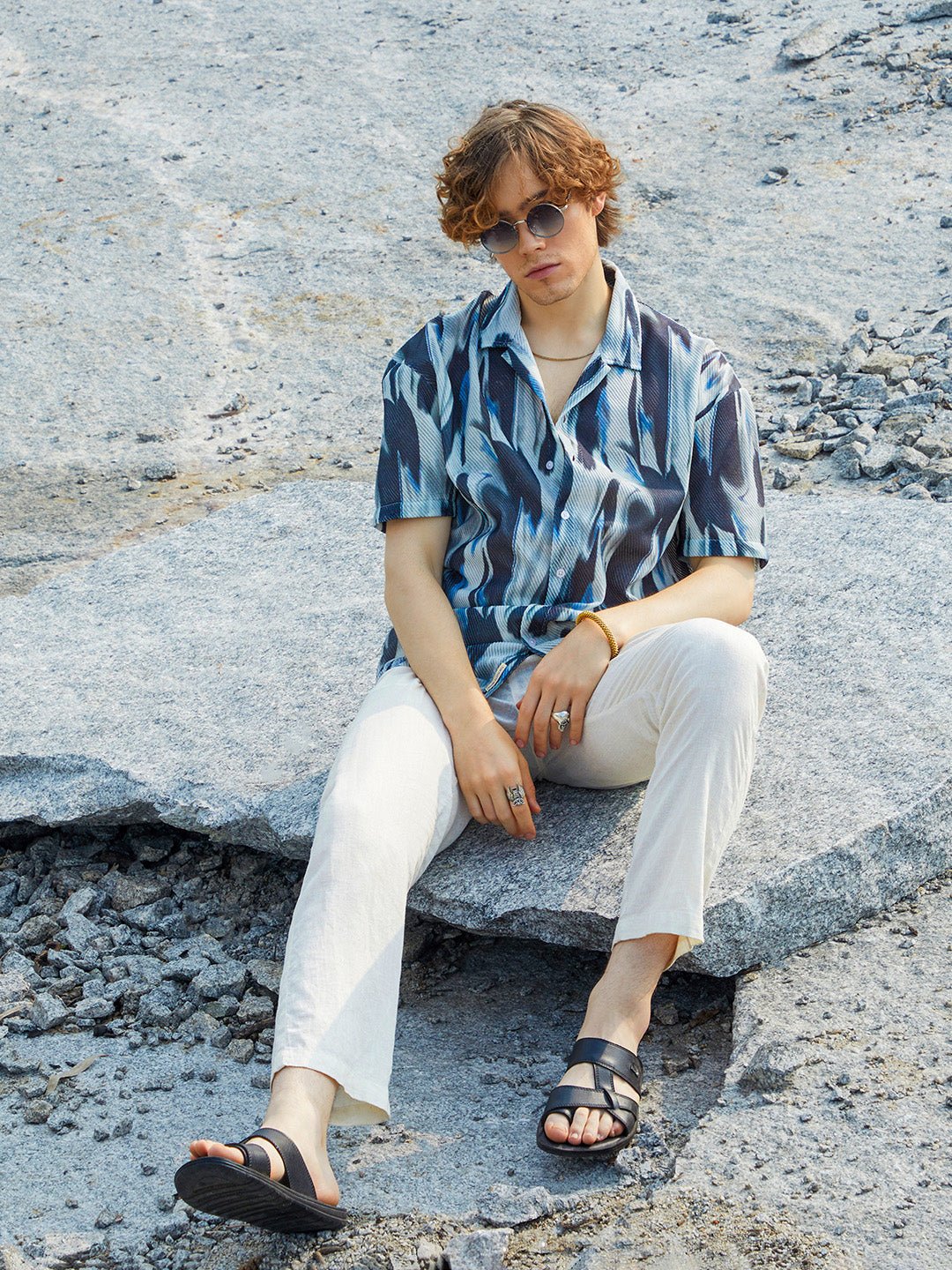 Men Navy Blue Strokes Mesh Oversized Shirt