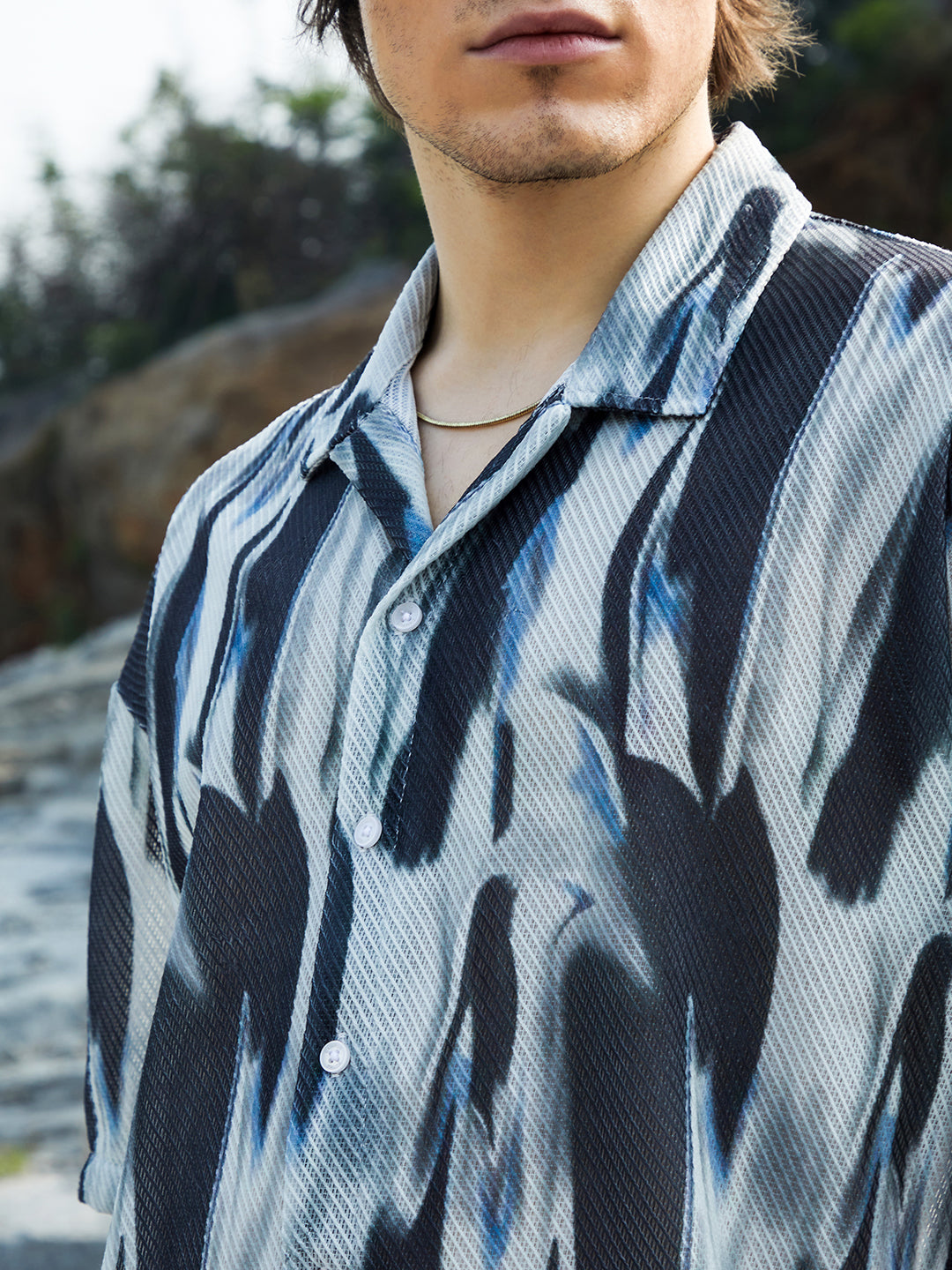 Men Navy Blue Strokes Mesh Oversized Shirt