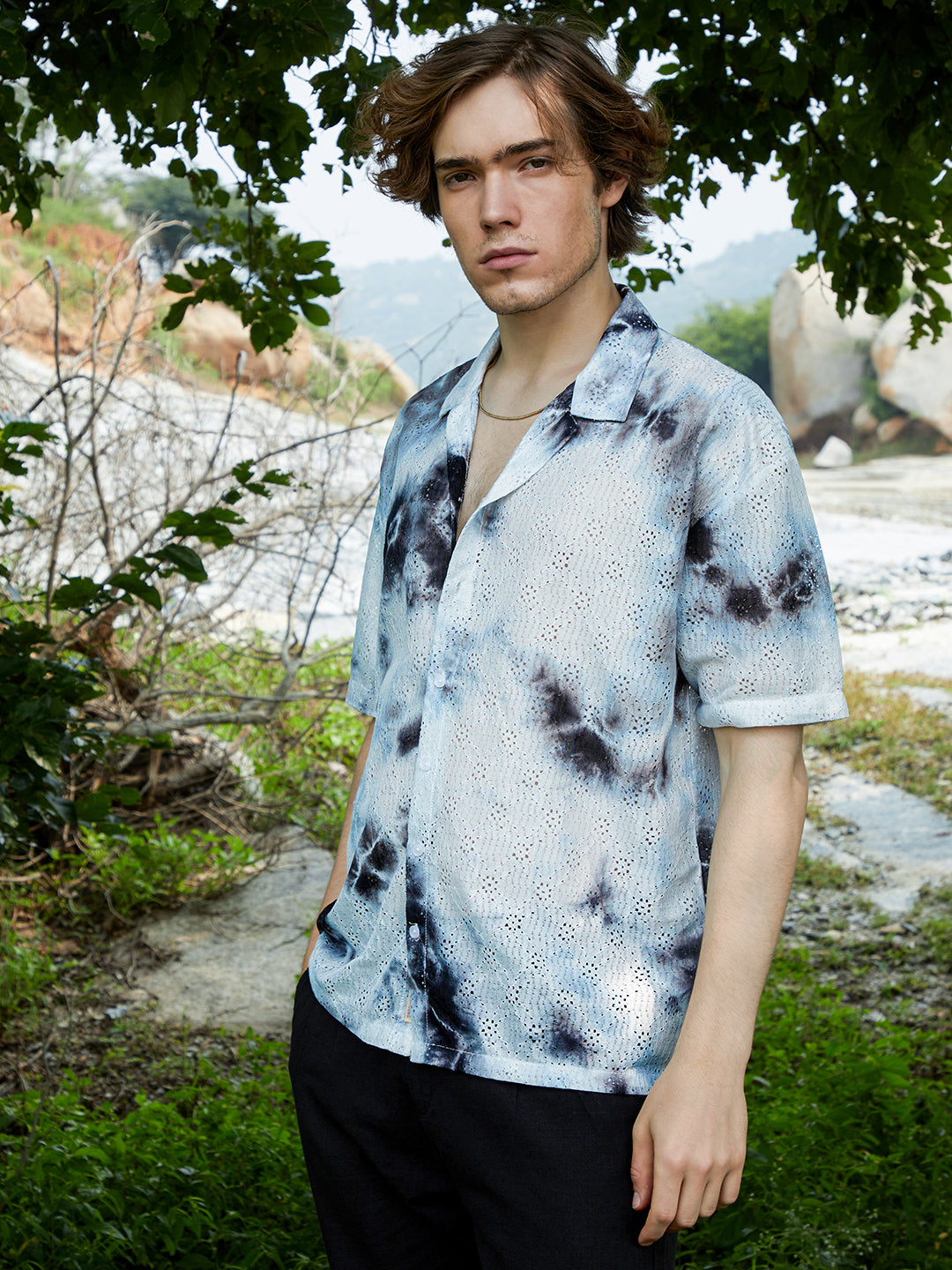 Men Charcoal Grey Tie-Dye Knit Oversized Shirt
